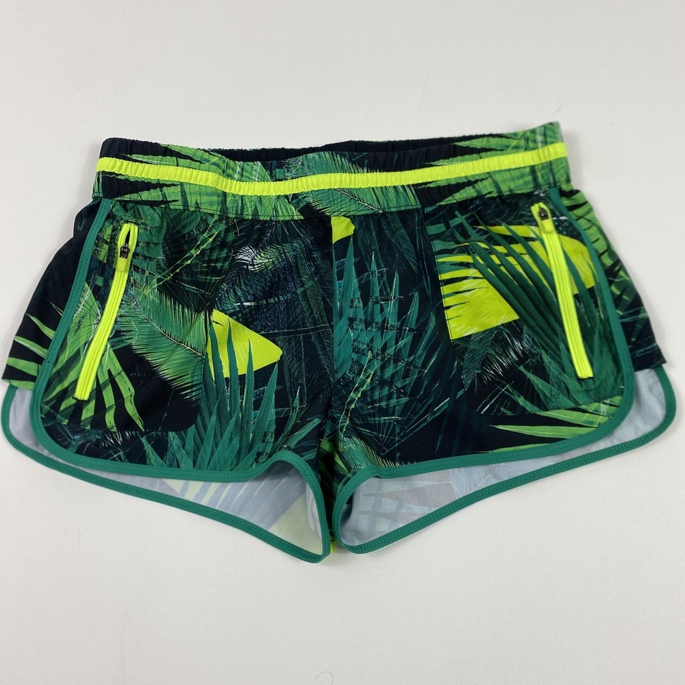 Fabletics Shorts Womens XS Green Palm Leaf Print Zip Pockets Running Lined